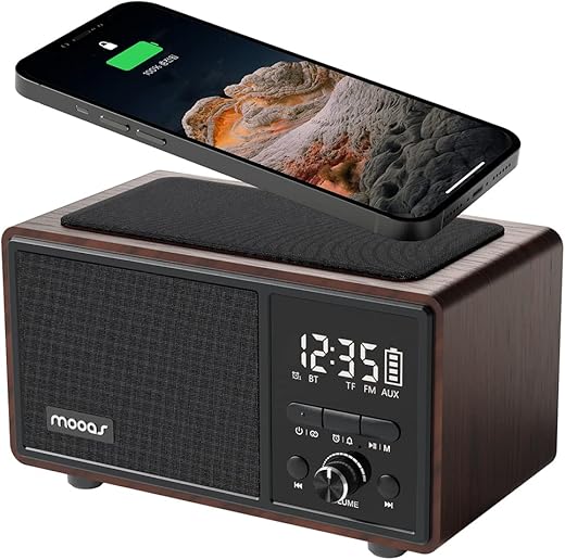 mooas Retro Bluetooth Radio Speaker Vintage Charging Desk Clock Portable Bedside Analog Antique Old School FM Radio Tabletop Alarm Clock Hands-Free Calling Supports AUX for Kitchen Bedroom Office