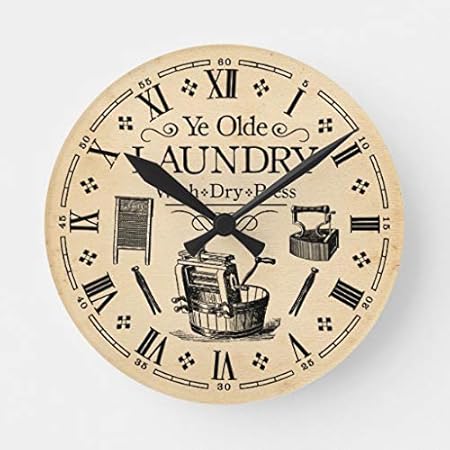 Moonluna Vintage Laundry Room Wall Clock Decorative Small Silent Non-Ticking Wooden Clock 10 inches