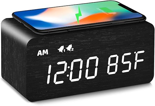 MOSITO Digital Wooden Alarm Clock with Wireless Charging, 0-100% Dimmer, Dual Alarm, Weekday/Weekend Mode, Snooze, Wood LED Clocks for Bedroom, Bedside, Desk, Kids (Black)