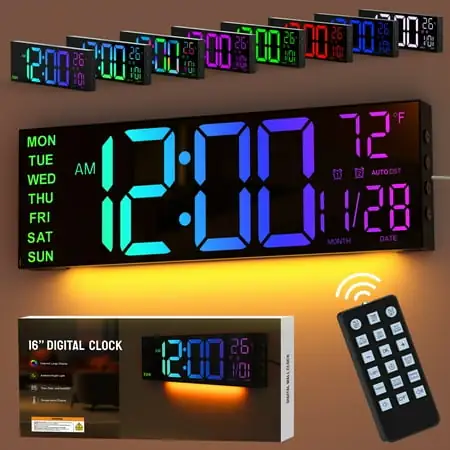 Mpow 16 Large Digital Wall Clock with Remote Control, Alarm Clock for Bedroom, 10 Brightness Dimmer, 8 Colors, 5 Volume, Auto DST, ℃/℉, Timer