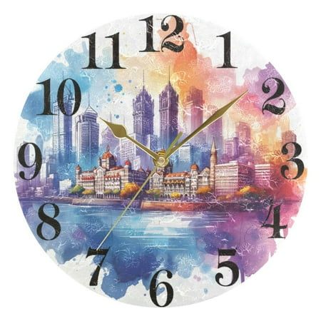 Mumbai City Skyline Wall Clock 9.8 inch Battery Operated Clocks Non-Ticking Silent for Bedroom Office Kitchen Living Room(Gold)