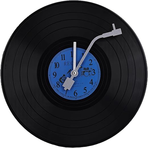 Musical Black Vinyl Record Wall Clock Battery Operated Unique Large Clock Wall,Black and Blue Music Themed Clocks,Wall Art Decor for Music Room Home Office School Classroom