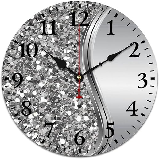 Mvirnsw Wall Clock, Silver Faux Glitter Glam Bling Wall Clocks Battery Operated Silent Non Ticking, Round Wooden Clocks Decorative for Bathroom, Kitchen, Living Room, Home, Bedrooms, Office (10 Inch)