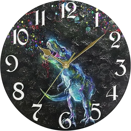 Naanle Fireworks Dinosaur Round Wall Clock Watercolor Dinosaur Silent Non Ticking Wall Clocks Battery Operated for Home Office School Decor