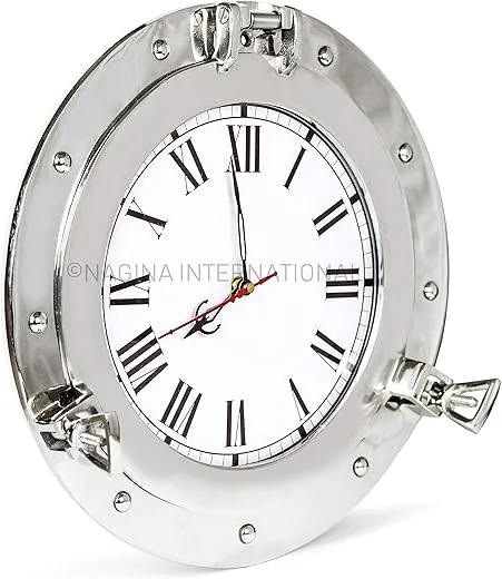 Nagina International 12 Premium Silver Lined Aluminum Nickel Plated Nautical Ship's Porthole Time's Clock | Maritime Wall Decor & Exclusive