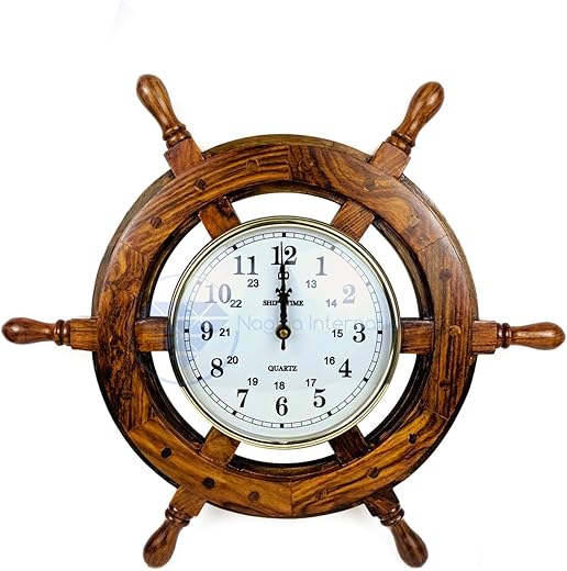 Nagina International 16 Handcrafted Nautical Ship Wheel with 6 Arabic Numeral Dial Face Time's Clock | Maritime Wall Decor Clock