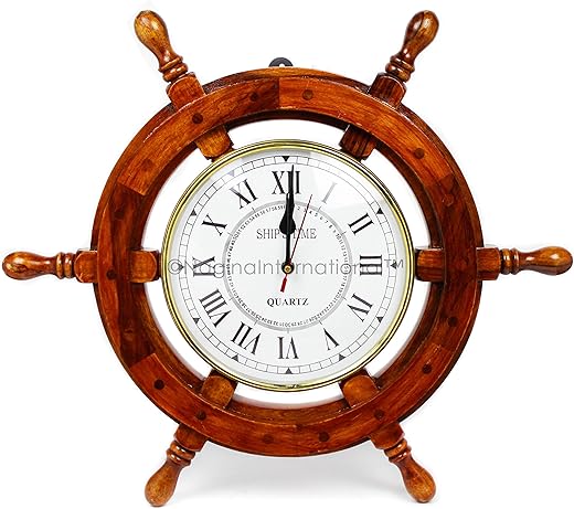 Nagina International 18 Solid Wood Brass Ship Wheel Wall Clock Porthole Nautical Decor Shipwheel 18 Ship Wheel Clock: Boat DecorationWooden Nautical Shipwheel with Clock -