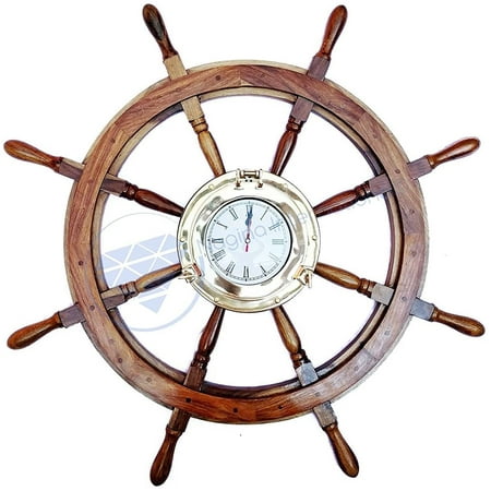 Nagina International Deluxe Nautical Porthole Clock MDF Hub Ship Wheel | Roman Numeral Dial | Handcrafted Decor | Pirates Wall Decor Gift (48 Inches)