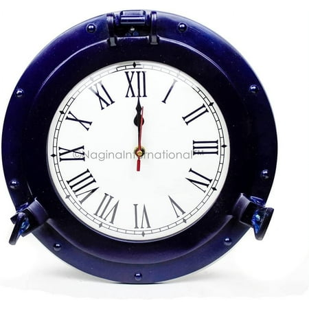 Nagina International Nautical Porthole Aluminium Blue Color | Maritime Wall Decor (15 Inches, Clock)