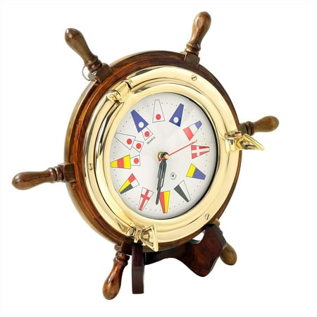 Nagina International Quartz Clock in Brass Porthole Design on Oak Ship Wheel Base