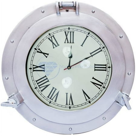 Nagina International Silver Deco Powder Coated Premium Nautical Aluminum Pirate's Ship's Porthole Clock | Exclusive Wall Decor Accent (24 Inches)