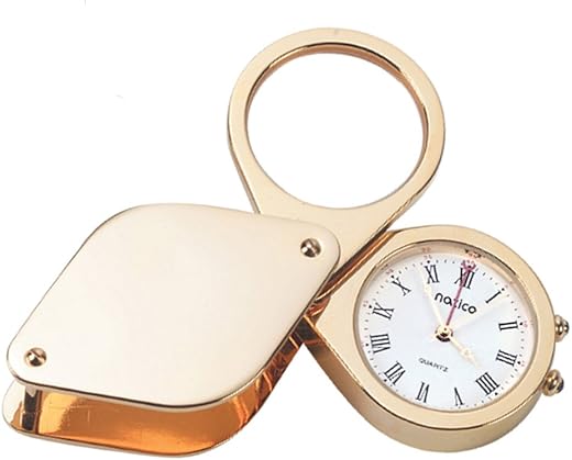 Natico Solid Brass and Gold Plated Travel aalrm Clock with Magnifier and Genuine Leather Case (10-875)