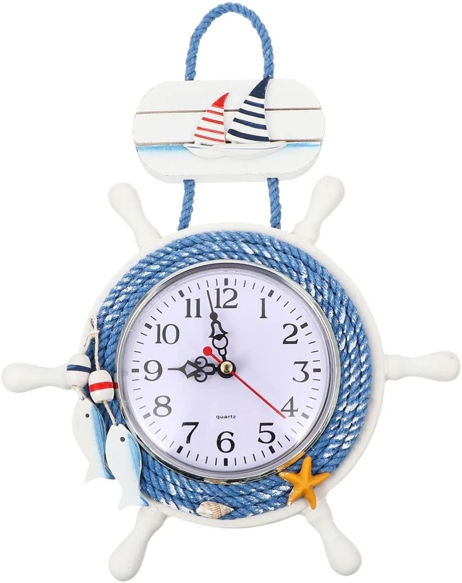 Nautical Anchor Clock Mediterranean Style Ship Wheel Rudder Steering Wheel Decor for Beach Sea Wall Hanging Decoration