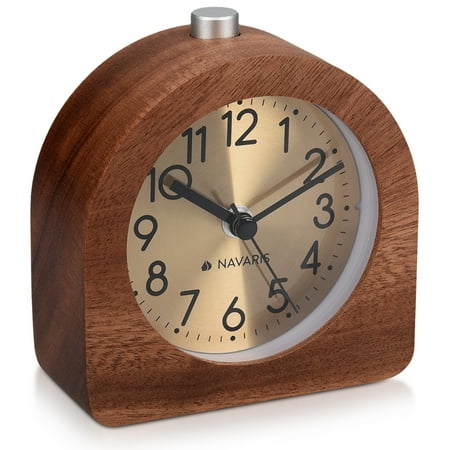 Navaris Wood Analog Alarm Clock (Dark Brown) - Silent & Battery-Operated