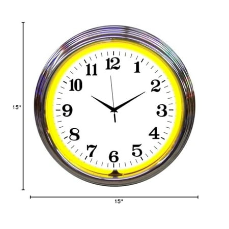 Neonetics Bar and Game Room Neon Alphanumeric Wall Clock with Yellow Neon and Chrome Rim, 15-Inch