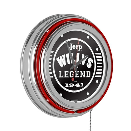 Neon Wall Clock-Jeep Willys Legend Black Double Rung Analog Clock with Pull Chain-Pub, Garage, or Man Cave Accessories (Red)