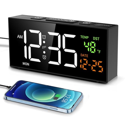 Netzu Alarm Clocks for Bedrooms, Digital Alarm Clock with Date Temperature and Weekday, Manual DST, Snooze, 2 Alarms, 4 Volumes Bedside Desk Clock for Living Room Home (Black)