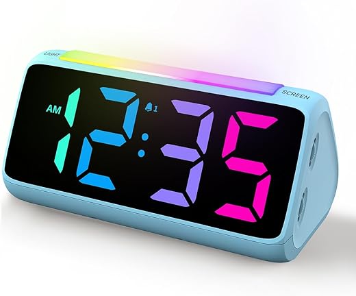 Netzu Digital Alarm Clocks for Bedrooms, Bedside Clocks with RGB Night Light, Rainbow Time, Large Display, Dual Alarm, Snooze, LED Desk Dimmable Alarm Clock for Kids Teens Blue