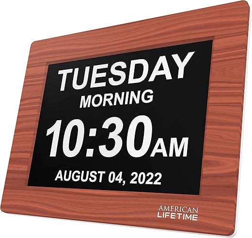 【New 2024】American Lifetime Dementia Clock Large Digital Clock for Seniors, Digital Clock Large Display with custom Alarms Clock with Day & Date for Elderly Large Number Digital Clock Brown Wood Color