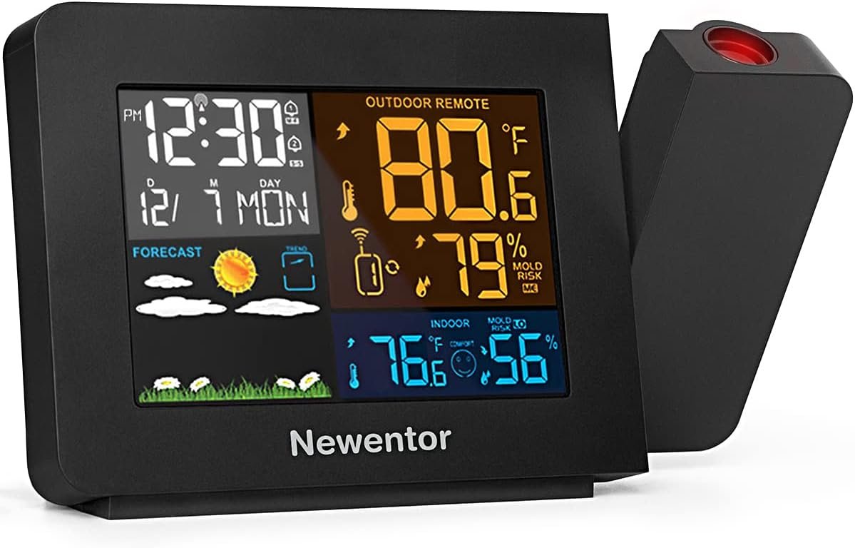 Newentor Atomic Projection Alarm Clock with Weather Station for Bedrooms, Projector Clocks with WWVB Function, Indoor Outdoor Thermometer Wireless, Temperature Humidity Monitor and Weather Forecast