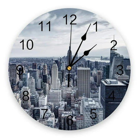 New York City Night Round Wall Clock for Home Decor Living Room No Ticking Sound Modern Creative Wall Clocks