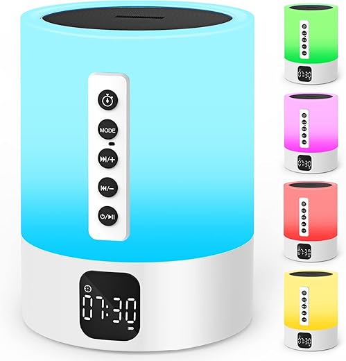 Night Light Bluetooth Speaker Alarm Clock, Sound Machine with White Noise, Touch Bedside Lamp, Dimmable Warm White Light, 48 RGB Color Changing, Ideal Gifts for 10-15 Year Old Teenage Boys Girls