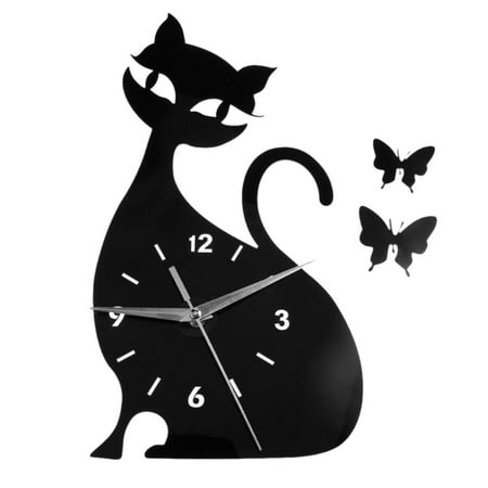 NUOLUX Wall Clock Cat Mirror Black Wall Clock Modern Design Home Decor Watch