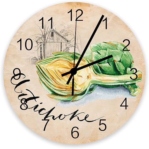 OComster Wooden Decorative Round Wall Clock, Artichoke Silent Non-Ticking Wall Clock for Bedroom, Living Room, Office, Watercolor Farmhouse Vintage Kraft Paper Texture 11.8 x 11.8