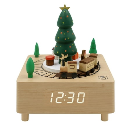 OCT17 Christmas Wooden Music Box Alarm Clock,Christmas Train Musical Box Toy Birthday Present for Boys Girls,LED Alarm Digital Desk Clock