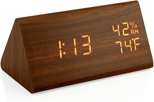 OCT17 Wooden Alarm Clock, Smart LED Digital Clock for Bedroom/desks, Upgraded with Time Temperature, Adjustable Brightness and Voice Control, Humidity Displaying - Brown