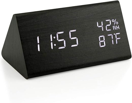 OCT17 Wooden Alarm Clock, Smart LED Digital Clock for Bedroom/desks, Upgraded with Time Temperature, Adjustable Brightness and Voice Control, Humidity Displaying - Black