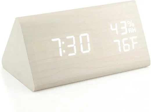 OCT17 Wooden Alarm Clock, Wood Alarm Clock Smart LED Digital Clock for Bedroom/desks, Upgraded with Time Temperature, Adjustable Brightness and Voice Control, Humidity Displaying - White