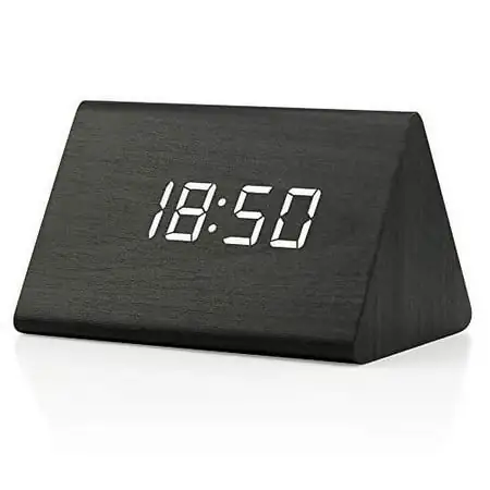 OCT17 Wooden Wood Clock , 2020 New Version LED Alarm Digital Desk Clock Adjustable Brightness, Alarm Time, Displays Time Date Temperature - Black (White Light)