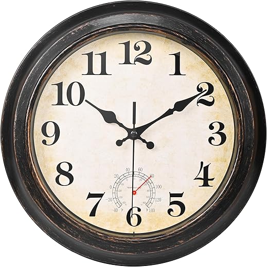 Outdoor Clock Wall Clock Waterproof with Thermometer Retro Clock for Garden Patio Pool Home (12 Inch Bronze)