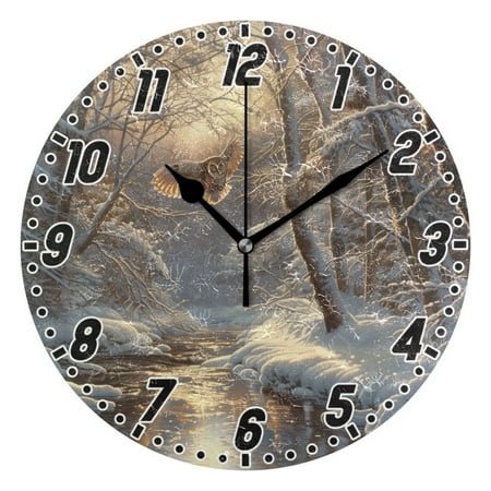 Owl Fly in Winter Forest Round Wall Clock Battery Operated Silent Non-Ticking Bedroom Office Kitchen Home School Decor 10(Black)