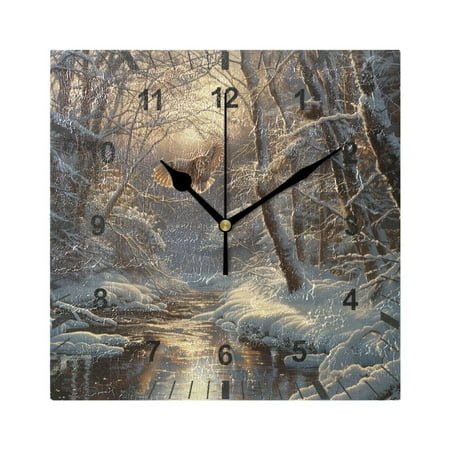 Owl Fly in Winter Forest Wall Clock Battery Operated Silent Non-Ticking Bedroom Office Kitchen Home School Decor 7.8(Black)