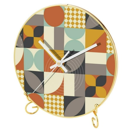 OWNTA Colorful Geometric Shape Mosaic Pattern Round Printed Wall Clocks with Hooks and Gold Stand: Silent, Non-Ticking Timepieces for Stylish and Peaceful Settings