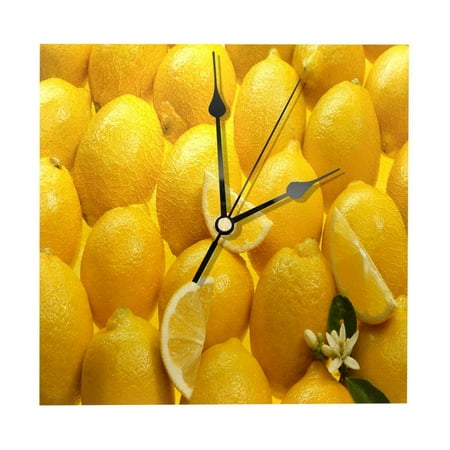 OWNTA Fruit Lemons Texture Yellow Pattern Wood Square Wall Clock, 7.87 in, Silent Non-Ticking, Classic Home Decor, Stylish Office Clock, Battery Operated, Gift Idea