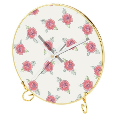 OWNTA Ivory Rose Pattern-01 Pattern Round Printed Wall Clocks with Hooks and Gold Stand: Silent, Non-Ticking Timepieces for Stylish and Peaceful Settings