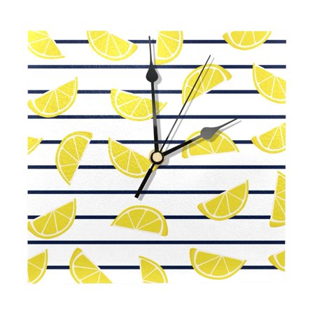 OWNTA Lemon Slices on Marine Stripes Pattern Wood Square Wall Clock, 7.87 in, Silent Non-Ticking, Classic Home Decor, Stylish Office Clock, Battery Operated, Gift Idea