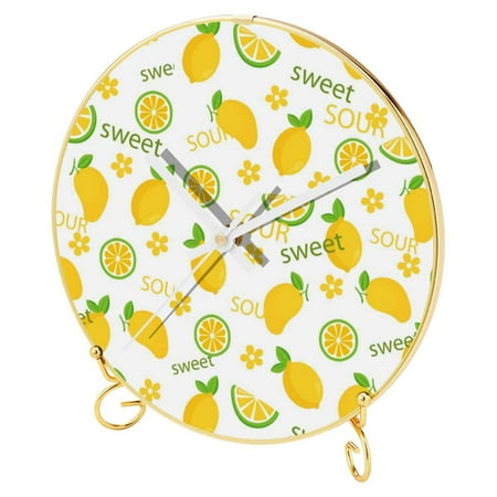 OWNTA Lemons Pattern Round Printed Wall Clocks with Hooks and Gold Stand: Silent, Non-Ticking Timepieces for Stylish and Peaceful Settings