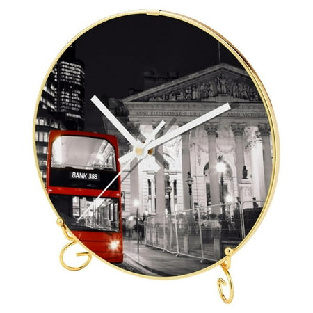 OWNTA London Night Pattern Round Printed Wall Clocks with Hooks and Gold Stand: Silent, Non-Ticking Timepieces for Stylish and Peaceful Settings