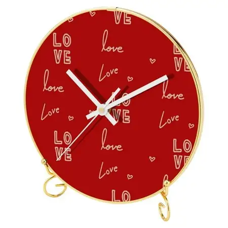 OWNTA Love Letter Pattern Round Printed Wall Clocks with Hooks and Gold Stand: Silent, Non-Ticking Timepieces for Stylish and Peaceful Settings