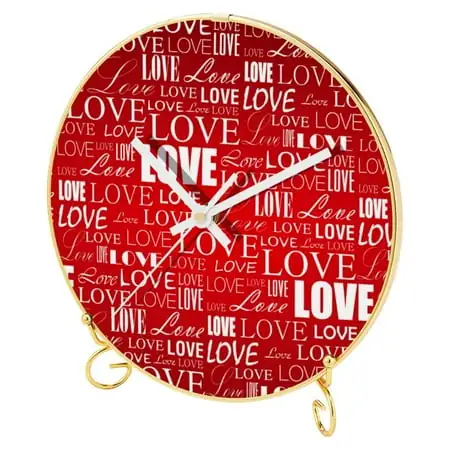 OWNTA Love Red Pattern Letter (2) Pattern Round Printed Wall Clocks with Hooks and Gold Stand: Silent, Non-Ticking Timepieces for Stylish and Peaceful Settings