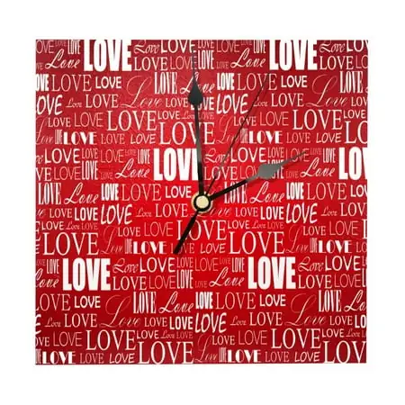 OWNTA Love Red Pattern Letter (2) Pattern Wood Square Wall Clock, 7.87 in, Silent Non-Ticking, Classic Home Decor, Stylish Office Clock, Battery Operated, Gift Idea