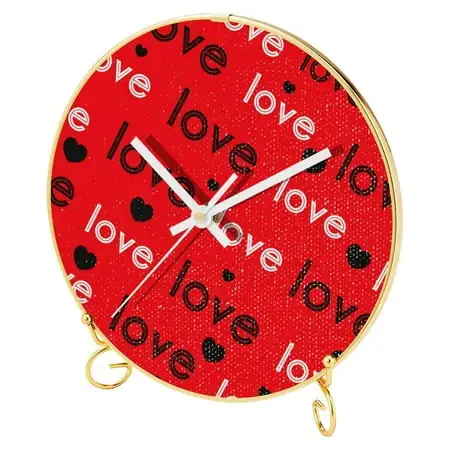 OWNTA Love Red Pattern Letter Pattern Round Printed Wall Clocks with Hooks and Gold Stand: Silent, Non-Ticking Timepieces for Stylish and Peaceful Settings