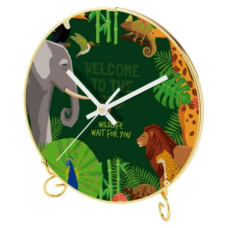 OWNTA Welcome To the Zoo Elephant Lion Peacock Giraffe Pattern Round Printed Wall Clocks with Hooks and Gold Stand: Silent, Non-Ticking Timepieces for Stylish and Peaceful Settings