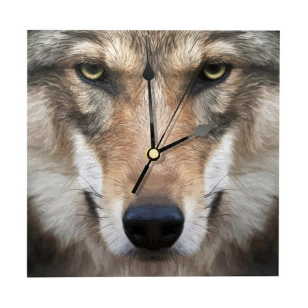 OWNTA Wolf Aniaml Pattern Wood Square Wall Clock, 7.87 in, Silent Non-Ticking, Classic Home Decor, Stylish Office Clock, Battery Operated, Gift Idea