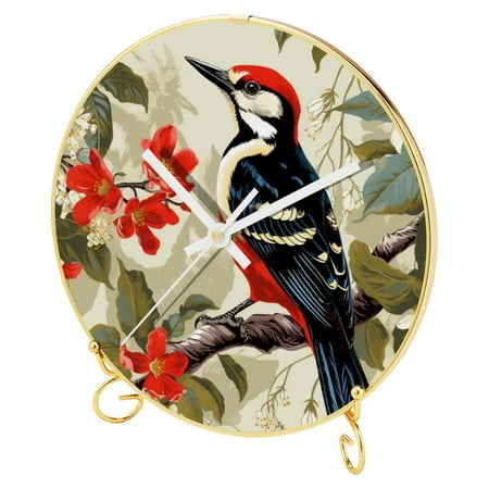 OWNTA Woodpecker Pattern Round Printed Wall Clocks with Hooks and Gold Stand: Silent, Non-Ticking Timepieces for Stylish and Peaceful Settings