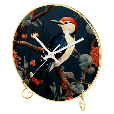 OWNTA Woodpecker Pattern Round Printed Wall Clocks with Hooks and Gold Stand: Silent, Non-Ticking Timepieces for Stylish and Peaceful Settings